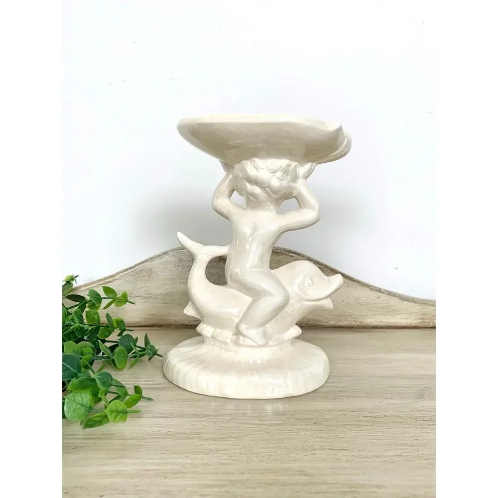 Vintage Cherub Dolphin Shell Compote Pedestal Bowl Pearlized Ceramic Coastal